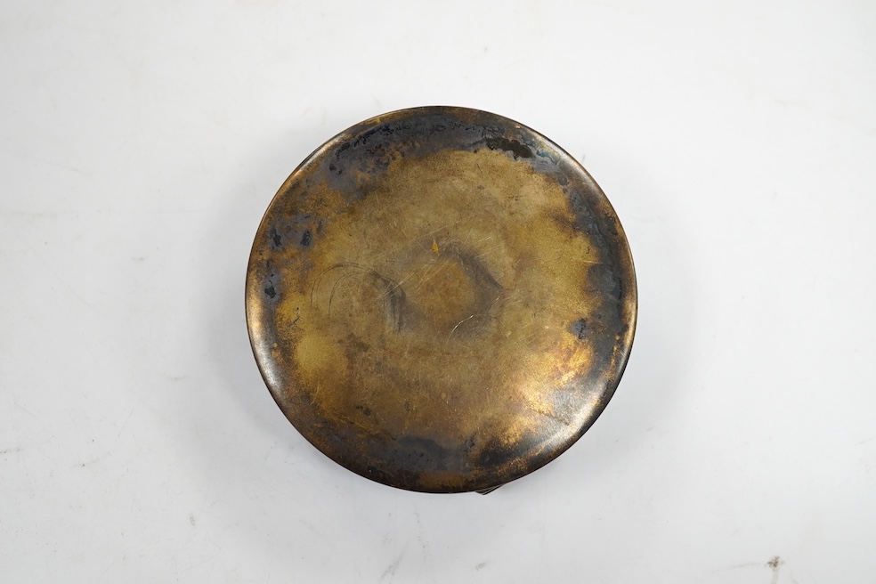 A continental 935 gilt white metal and blue guilloche enamel circular box, 78mm. Condition - fair to good